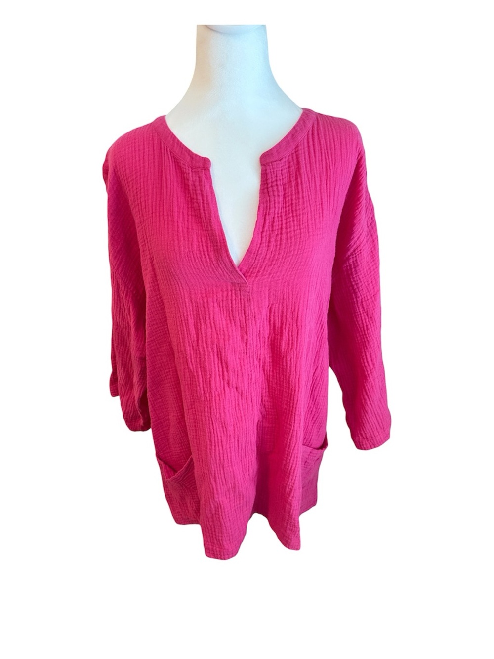 Soft Surroundings Vibrant Pink Split V-Neck Gauzy Cotton 3/4 Sleeves Tunic Top